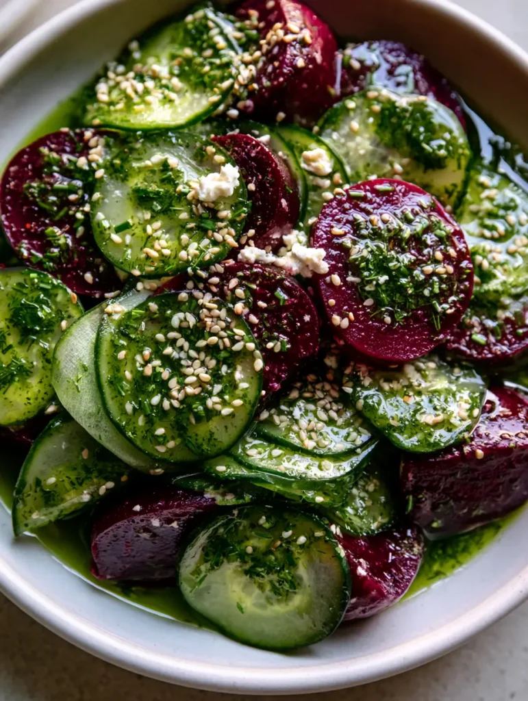 Rote Bete Gurkensalat: Die ultimative Farbbombe mit Feta und Kräuteröl 1 Detailaufnahme von gerösteter Roter Bete und Gurkenscheiben mit Kräuterdressing und Sesam.