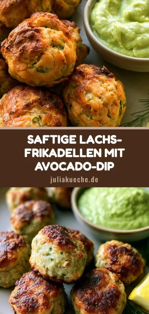Lachs-Frikadellen aus dem Ofen mit cremiger Avocado-Sauce 4 Goldbraune Lachs-Frikadellen auf einem Teller mit cremiger Avocado-Sauce und Dill.