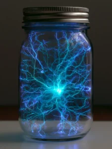 Nahaufnahme eines DIY-Leuchtglases mit cyanfarbenem Kern und silbernem Metalldeckel.