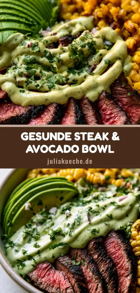 Nahaufnahme einer Steak Avocado Bowl mit saftigen Rindfleischstreifen, Avocadoscheiben, geröstetem Mais und Koriandersauce.
