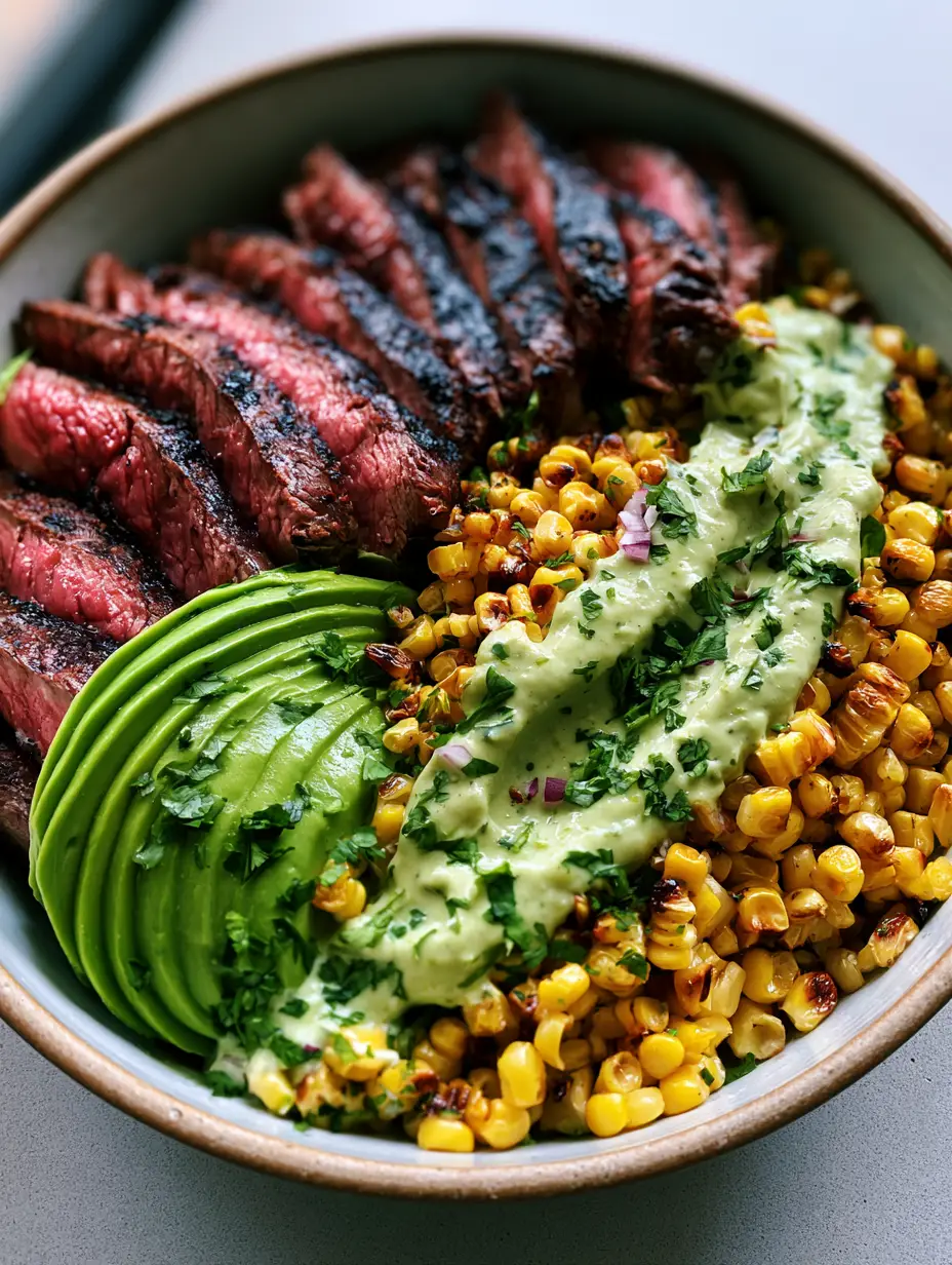 Draufsicht auf eine servierfertige Steak Avocado Bowl in einer Keramikschüssel.