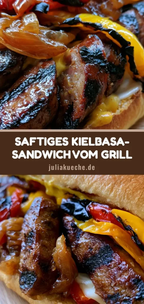 Kielbasa Sandwich: Das ultimative Rezept mit karamellisierten Zwiebeln 4 Ein vertikales Foto eines Kielbasa Sandwiches mit gegrillter Wurst, geschmolzenem Käse und bunten Paprikastreifen auf einem Holztisch.