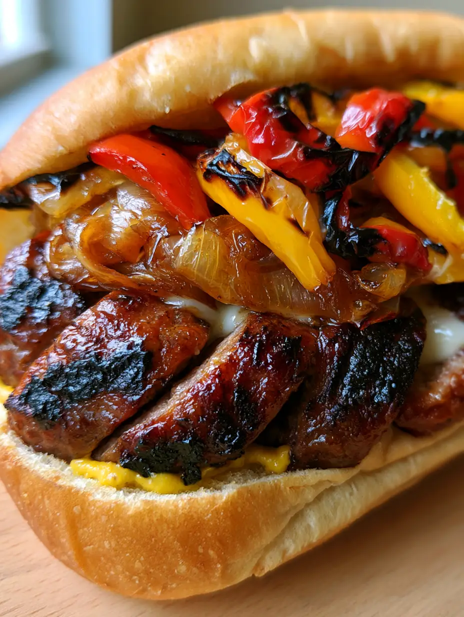 Kielbasa Sandwich: Das ultimative Rezept mit karamellisierten Zwiebeln 3 Nahaufnahme eines Kielbasa Sandwiches mit deutlichen Grillstreifen auf der Wurst und glänzenden karamellisierten Zwiebeln.