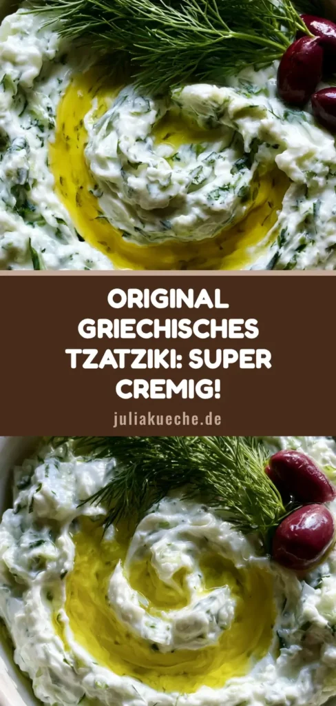 Tzatziki Rezept: Das Geheimnis für das cremigste griechische Original 3 Ein cremiges Tzatziki Rezept in einer weißen Schale mit Olivenöl-Swirl, Kalamata-Oliven und frischem Dill.