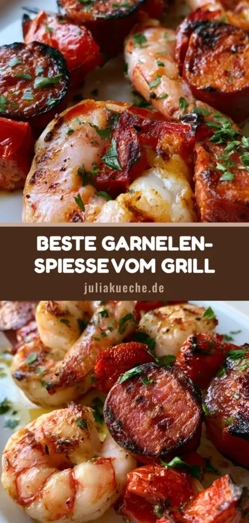 Gegrillte Meeresfrüchte-Spieße: Das ultimative Surf & Turf Grillrezept 4 Gegrillte Meeresfrüchte-Spieße mit großen rosa Garnelen, gebräunten Wurstscheiben und Paprika auf einer weißen Platte.
