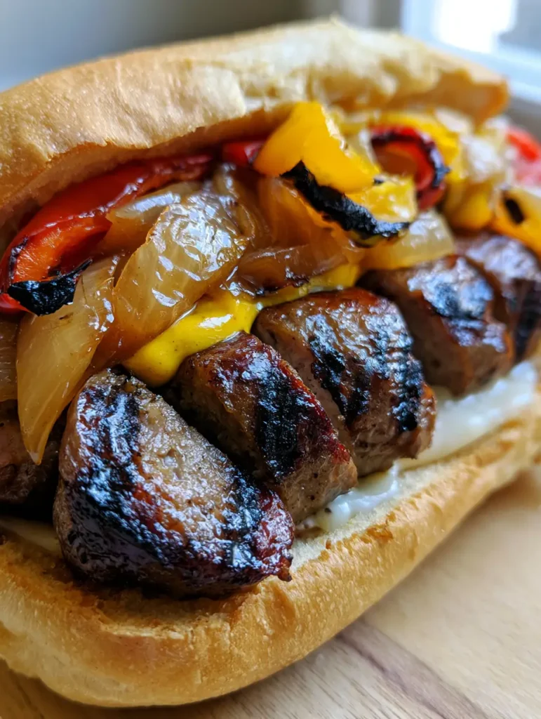 Kielbasa Sandwich: Das ultimative Rezept mit karamellisierten Zwiebeln 1 Ein fertig angerichtetes Kielbasa Sandwich mit geschmolzenem Provolone und gelbem Senf in der Hand gehalten.