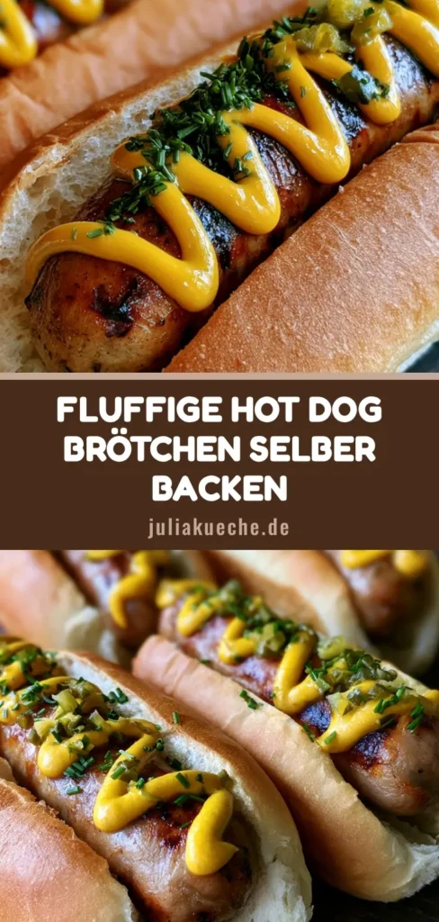Hot Dog Brötchen selber machen: Das ultimative Rezept für fluffige Brioche Buns 4 Drei selbstgemachte Hot Dog Brötchen mit gegrillter Wurst, gelbem Senf, Schnittlauch und Gurkenwürfeln auf dunklem Grund. (Hot Dog Brötchen selber machen)