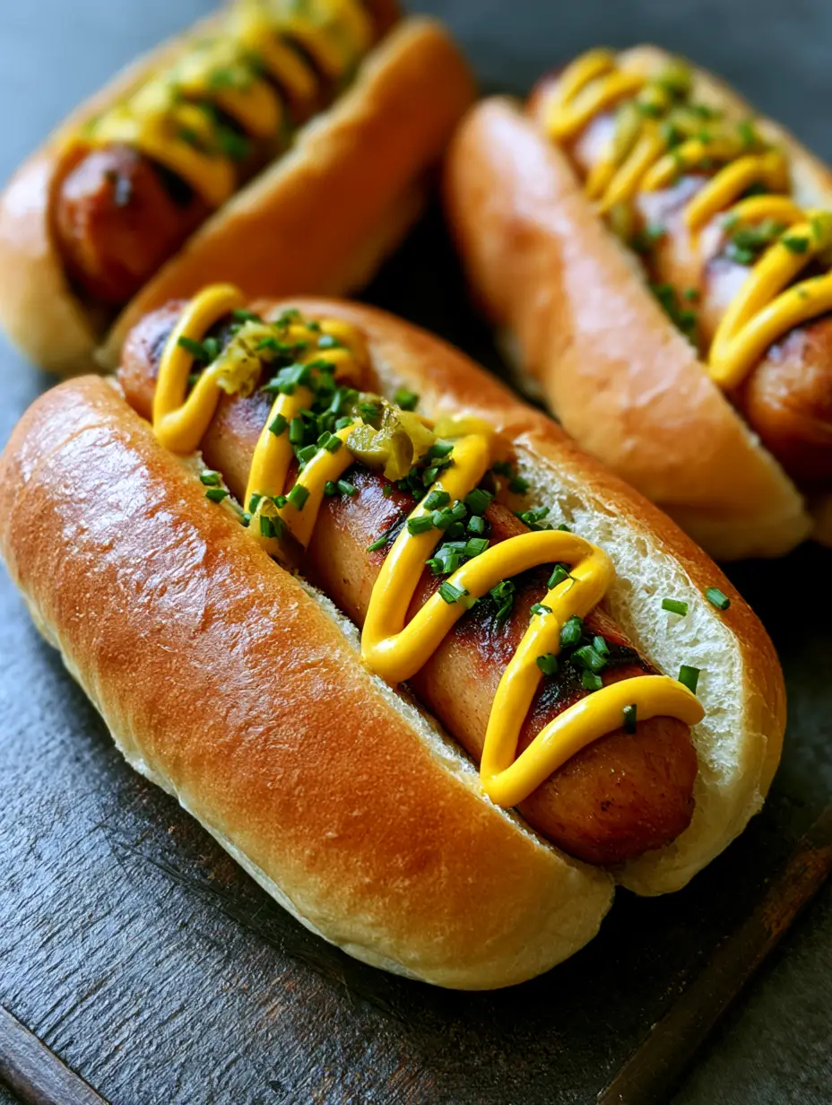 Hot Dog Brötchen selber machen: Das ultimative Rezept für fluffige Brioche Buns 3 Nahaufnahme von drei frisch gebackenen Hot Dog Buns mit Grillwürstchen und Senf. (Hot Dog Brötchen selber machen)