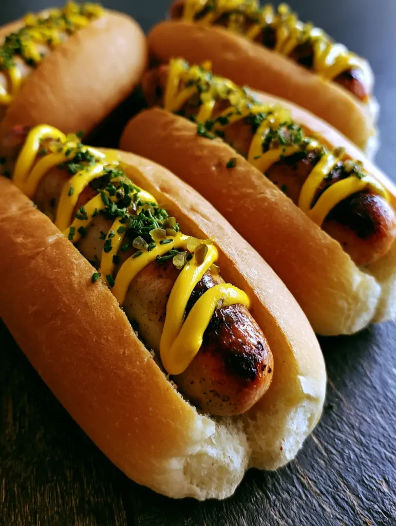 Hot Dog Brötchen selber machen: Das ultimative Rezept für fluffige Brioche Buns 1 Draufsicht auf belegte Hot Dog Brötchen mit feinem Schnittlauch und Senf-Drizzle.