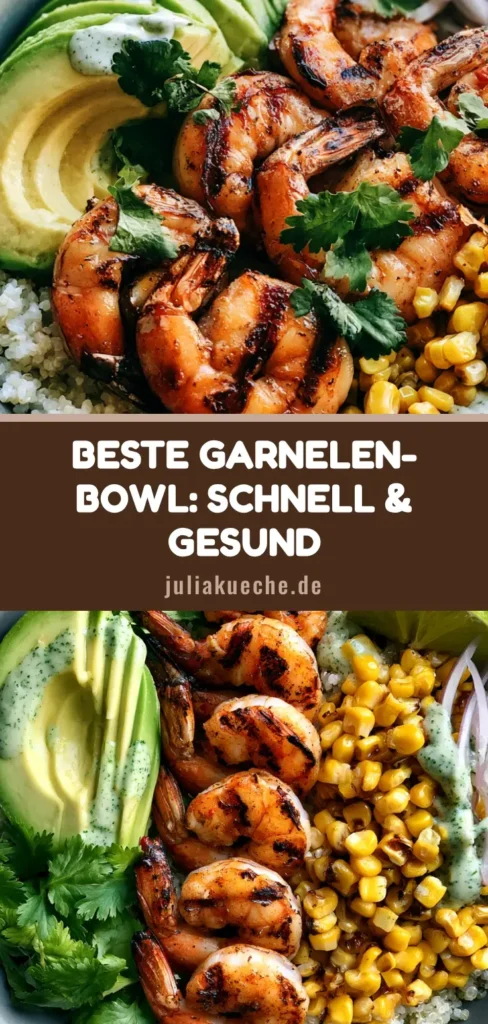 Garnelen Bowl mit Grill-Aroma & cremigen Limetten-Dressing 3 Draufsicht einer farbenfrohen Garnelen Bowl mit gegrillten Riesengarnelen, Avocado, geröstetem Mais und Koriander auf weißem Quinoa.