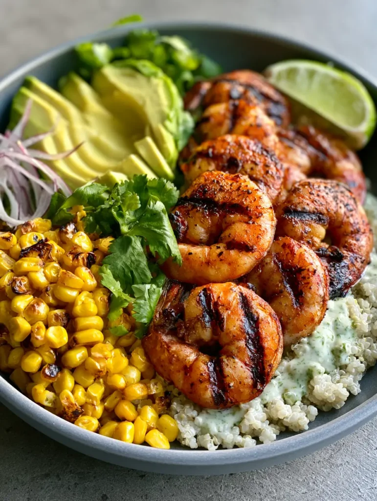 Nahaufnahme von gegrillten Garnelen mit Grillstreifen in einer Bowl mit Avocado und Mais.