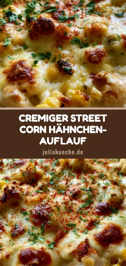 Hähnchen-Auflauf Mexikanisch: Cremiger Street Corn Genuss aus dem Ofen 4 Ein köstlicher Hähnchen-Auflauf Mexikanisch in einer Auflaufform mit geschmolzenem Käse, Mais und Koriander.