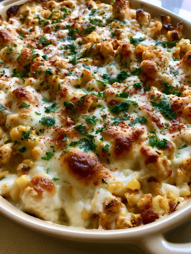 Nahaufnahme von cremiger Street Corn Chicken Casserole mit geröstetem Mais und goldbraunem Käse. (Hähnchen-Auflauf Mexikanisch)