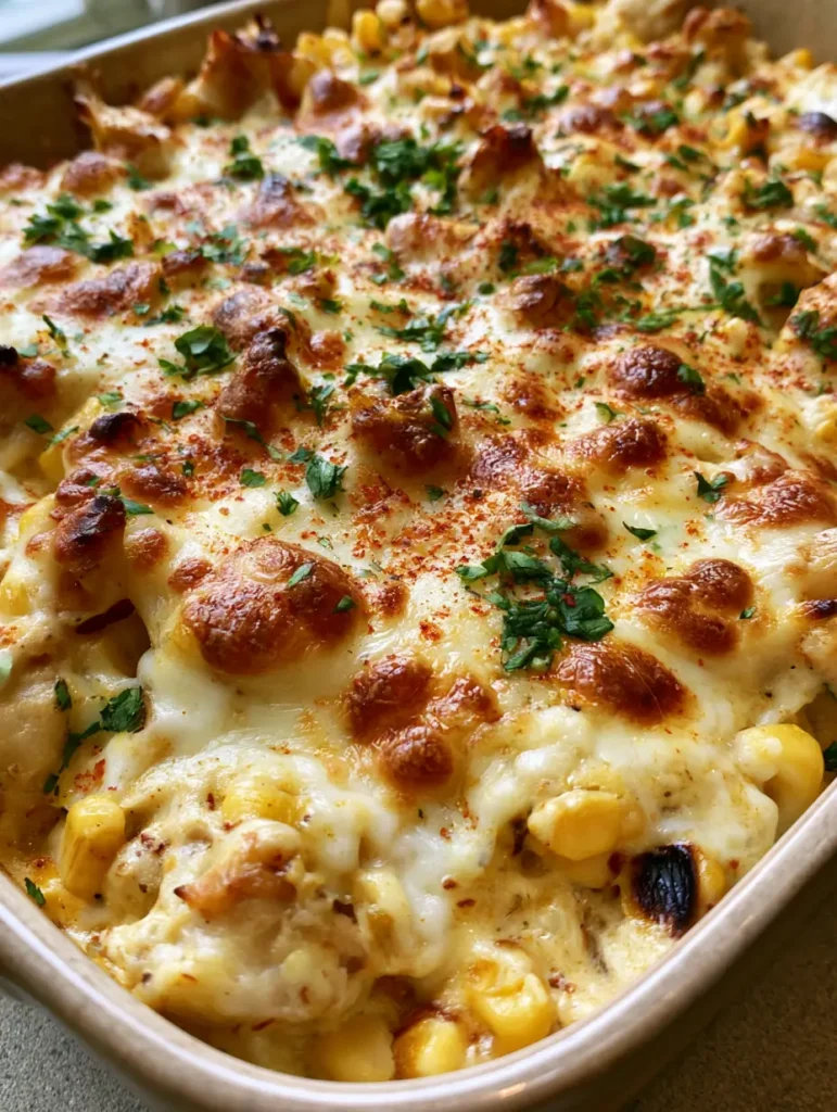 Hähnchen-Auflauf Mexikanisch: Cremiger Street Corn Genuss aus dem Ofen 1 Hähnchen-Auflauf Mexikanisch frisch aus dem Ofen mit frischem Koriander und Chili-Bestäubung.