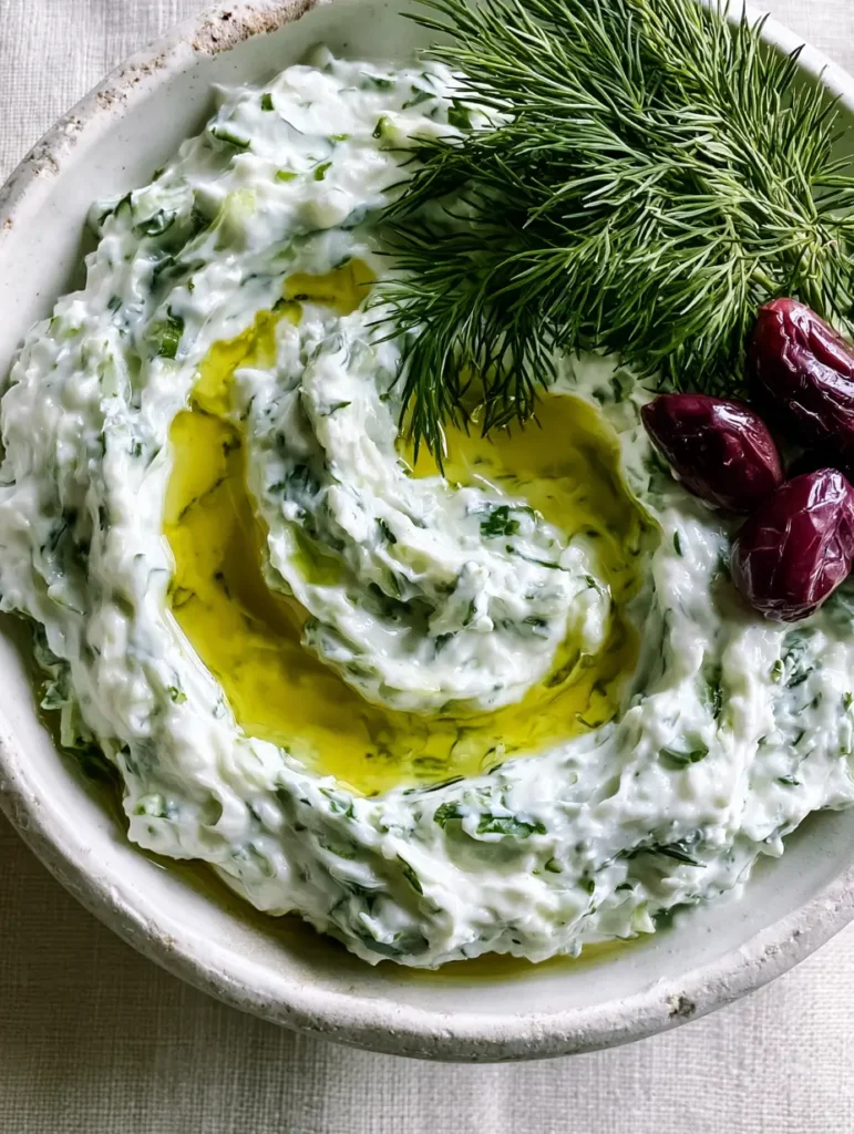 Tzatziki Rezept: Das Geheimnis für das cremigste griechische Original 1 Nahaufnahme der Textur des Tzatziki Rezept mit Olivenöl und Gurkenstücken.