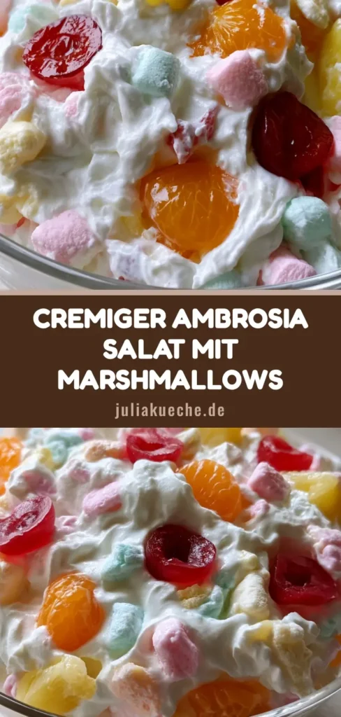 Ambrosia Salat: Das fluffigste Rezept für den fruchtigen Retro-Klassiker 4 Klassischer Ambrosia Salat in einer Glasschüssel mit bunten Marshmallows, Kirschen und Mandarinen.