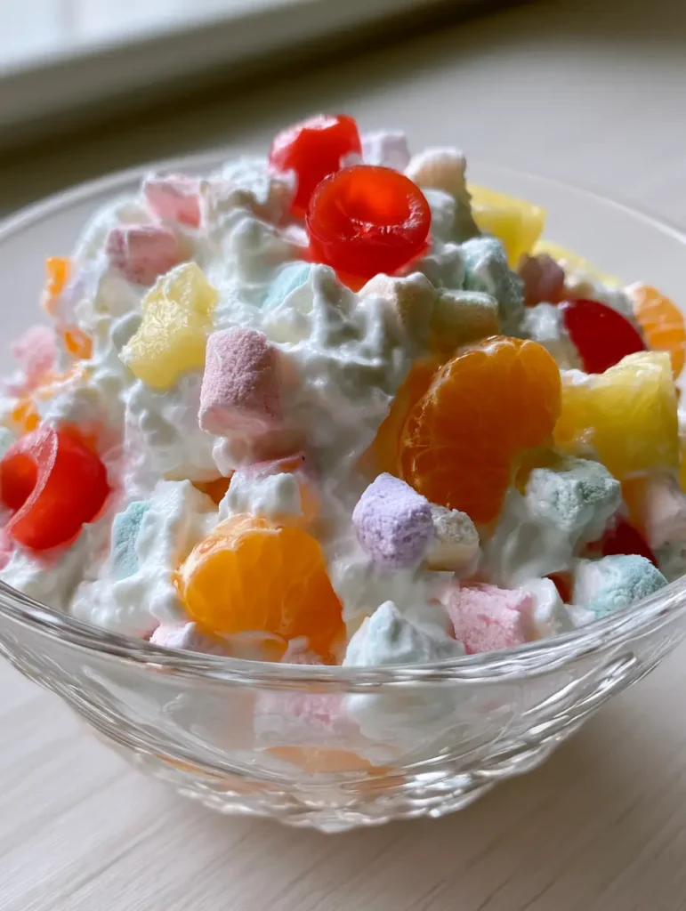Nahaufnahme eines Ambrosia Salats mit cremiger Basis und Mandarinenstücken.
