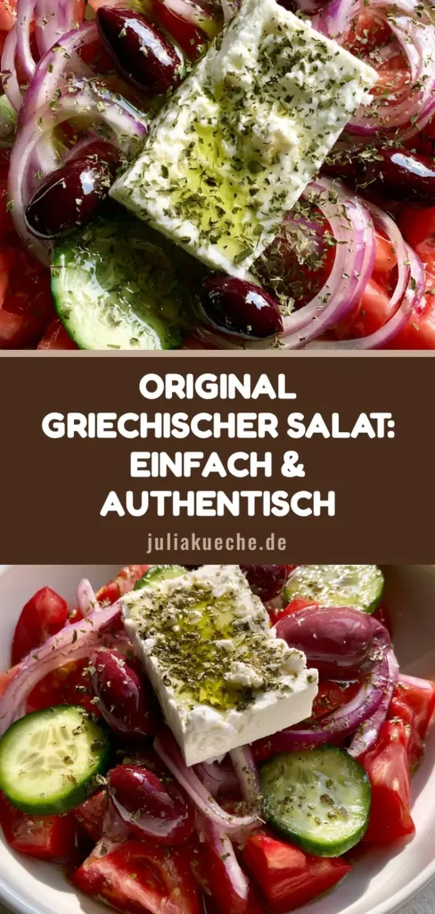 Griechischer Salat: Das ultimative Rezept für authentischen Horiatiki 4 Ein authentischer Griechischer Salat (Horiatiki) in einer weißen Schüssel mit Tomaten, Gurken, Zwiebeln, Kalamata Oliven und einem großen Block Feta, bestreut mit Oregano.
