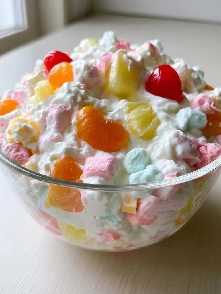 Ambrosia Salat: Das fluffigste Rezept für den fruchtigen Retro-Klassiker 1 Servierfertiger Ambrosia Salat in einer Schüssel auf einer Holzoberfläche.