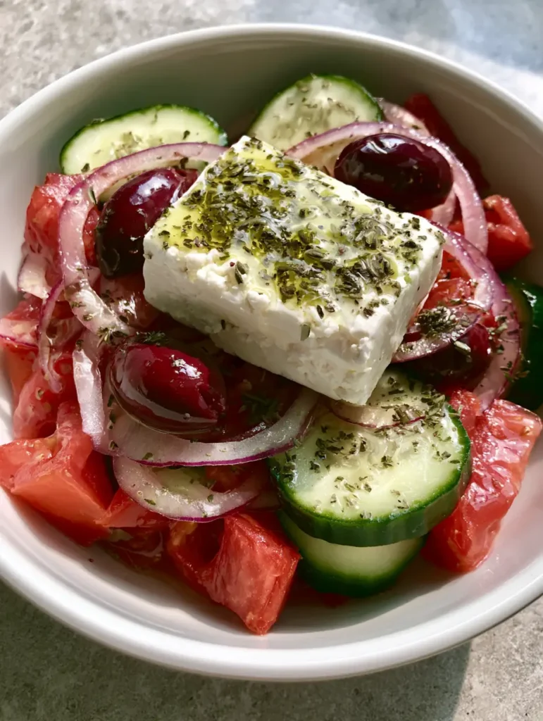 Nahaufnahme von frischem Griechischen Salat mit saftigen Tomatenwedges, Gurken mit Schale und glänzenden Oliven.