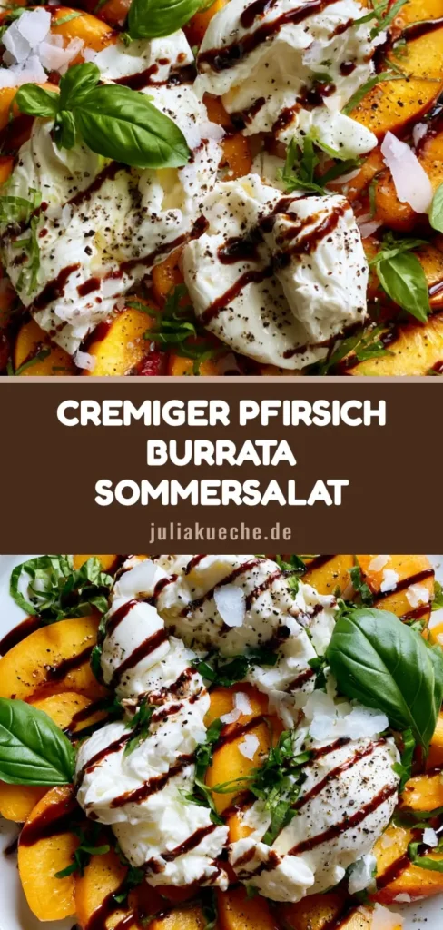 Pfirsich Burrata Salat mit Balsamico-Glace und Basilikum auf einem weißen Teller, Draufsicht.