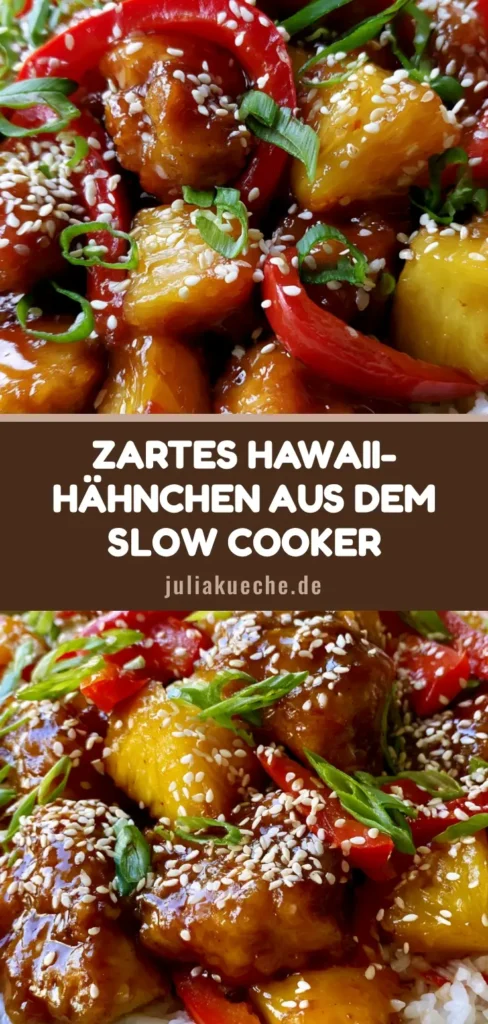 Draufsicht auf Hawaii Hähnchen Slow Cooker in einer Schüssel mit viel Sauce, Sesam und Frühlingszwiebeln.