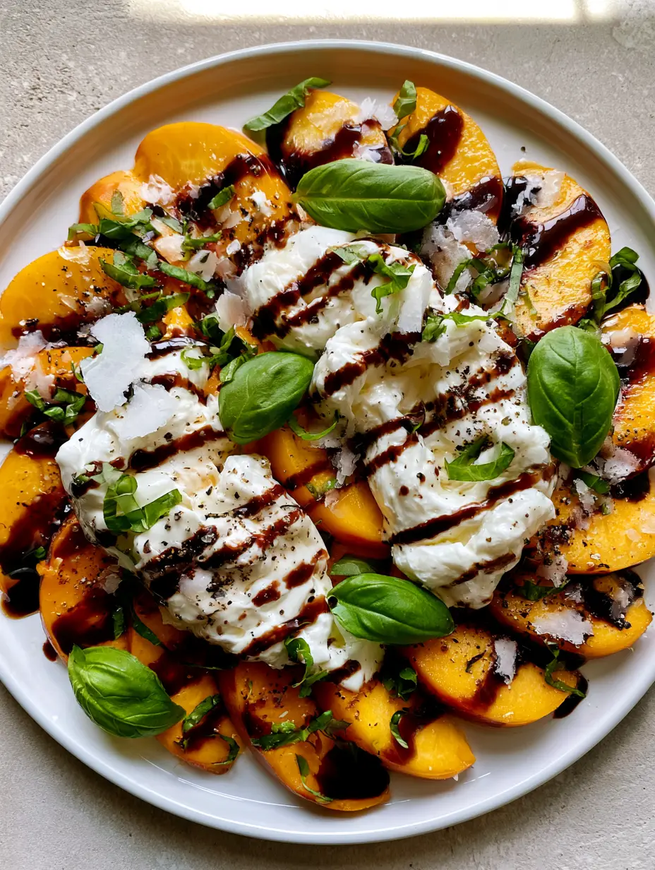 Nahaufnahme von saftigen Pfirsichspalten und gezupftem Burrata Käse mit Balsamico Dressing.