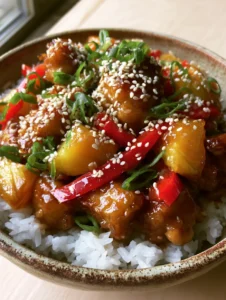 Nahaufnahme von glasierten Hähnchenstücken mit Ananas und roter Paprika aus dem Hawaii Hähnchen Slow Cooker.