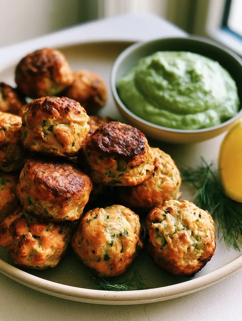 Nahaufnahme von gebackenen Lachs-Frikadellen mit flakiger Textur und Avocado-Dip.