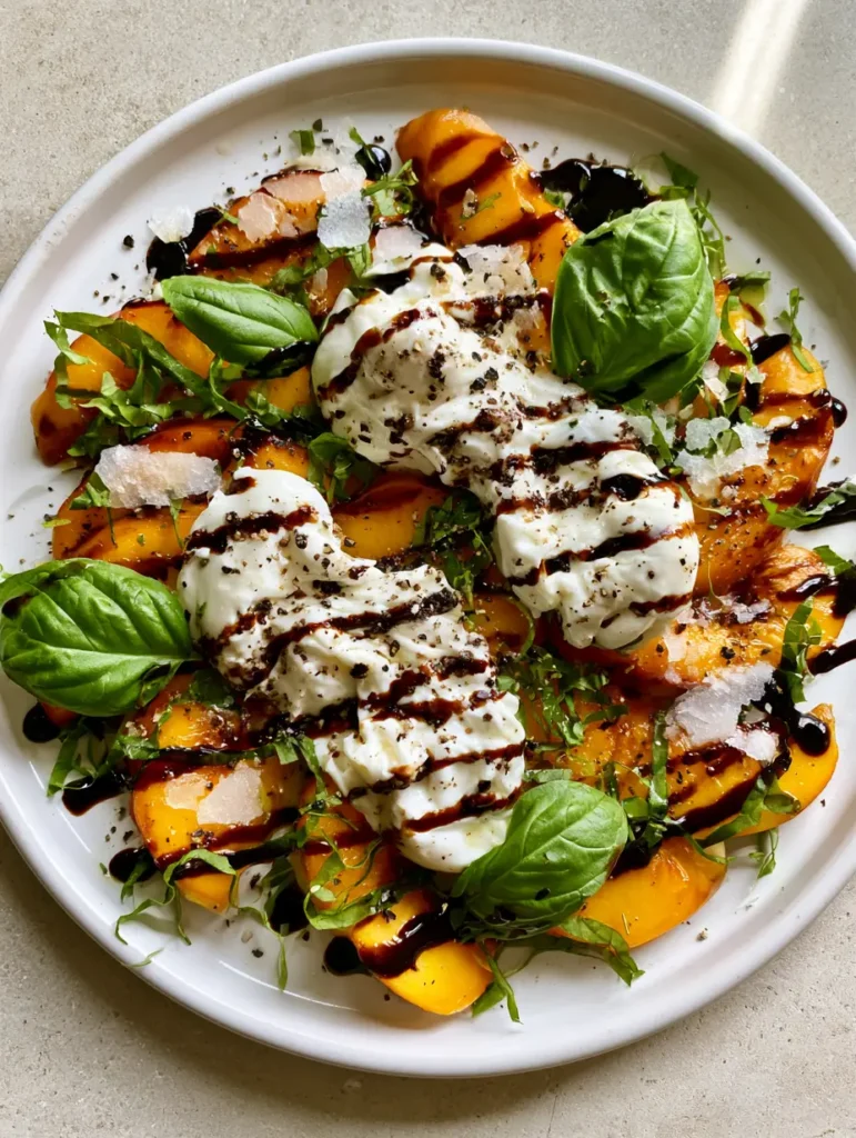 Draufsicht auf einen Pfirsich Burrata Salat mit Basilikum-Chiffonade und grobem Pfeffer.