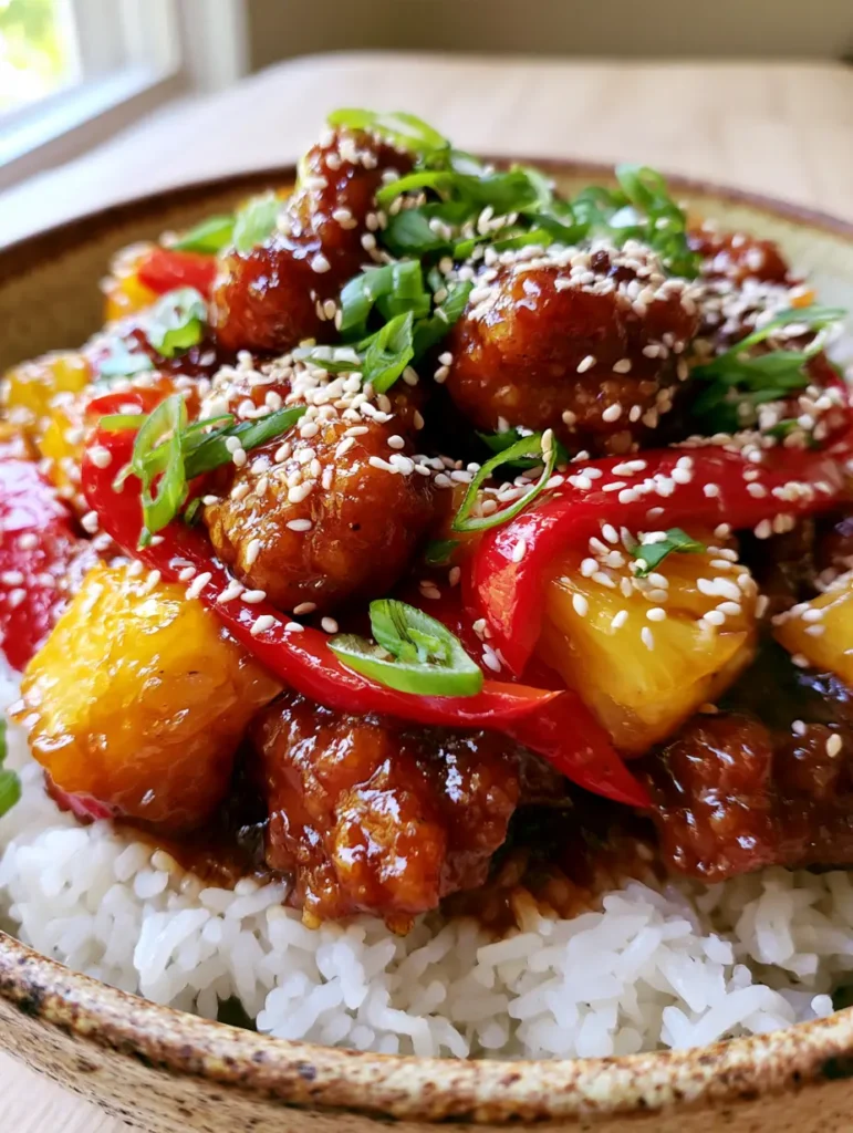 Hawaii Hähnchen Slow Cooker serviert in einer rustikalen Schüssel auf weißem Reis.