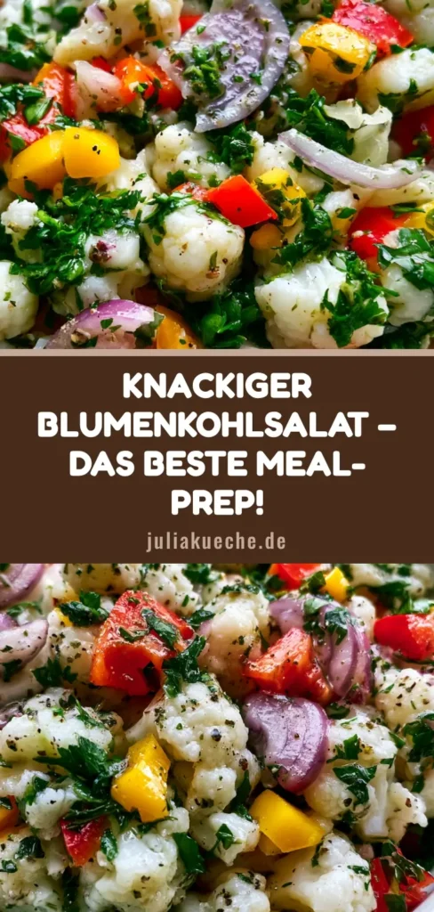 Ein farbenfrohes Blumenkohlsalat Rezept in einer weißen Schüssel auf Steingrund, garniert mit Paprika und Petersilie.