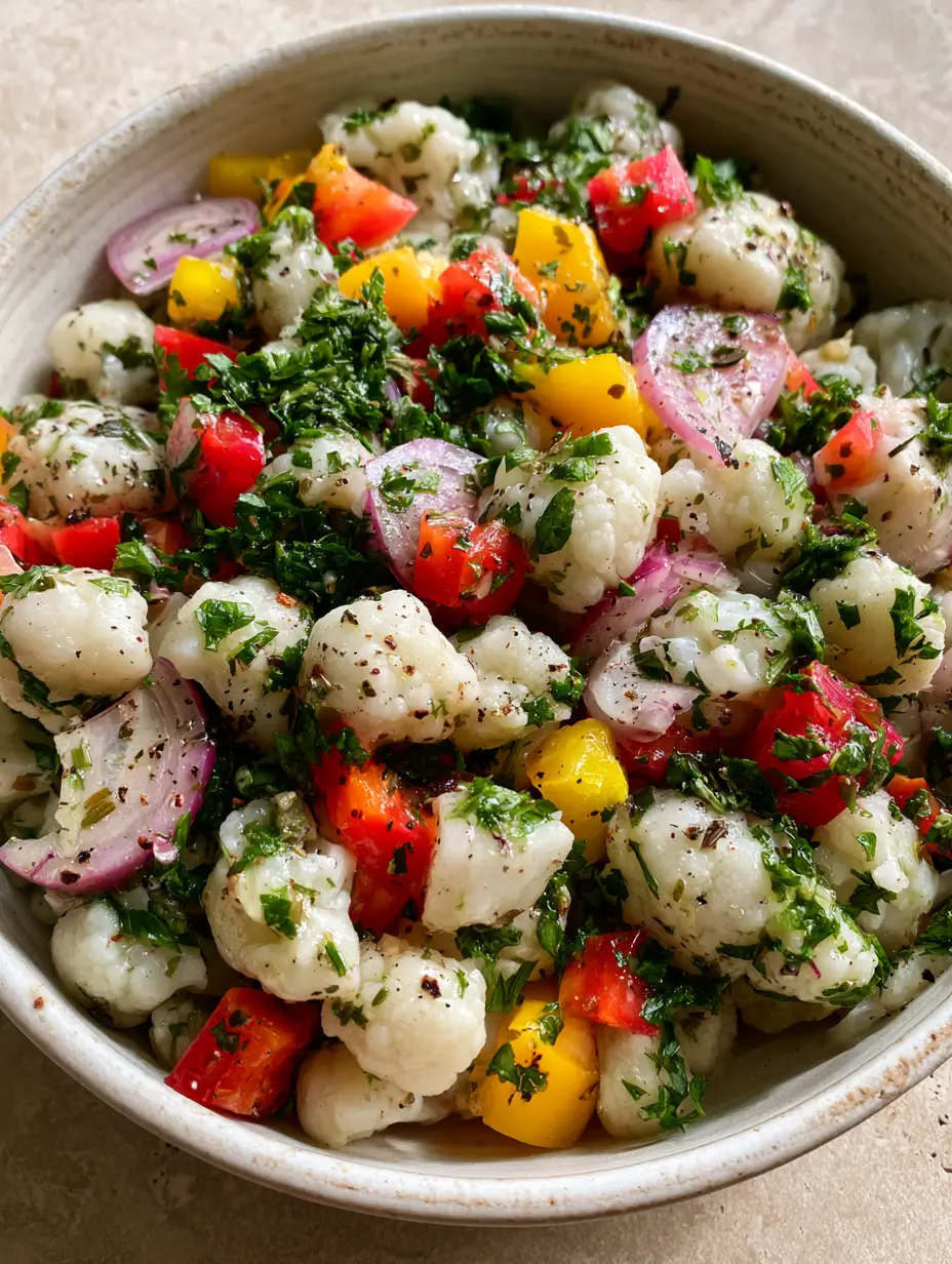 Nahaufnahme von einem marinierten Blumenkohlsalat Rezept mit roten und gelben Paprikawürfeln und Zwiebeln.