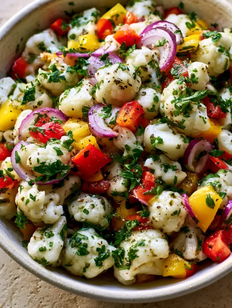 Ein frisches Blumenkohlsalat Rezept in einer rustikalen weißen Keramikschüssel auf hellem Steinuntergrund.
