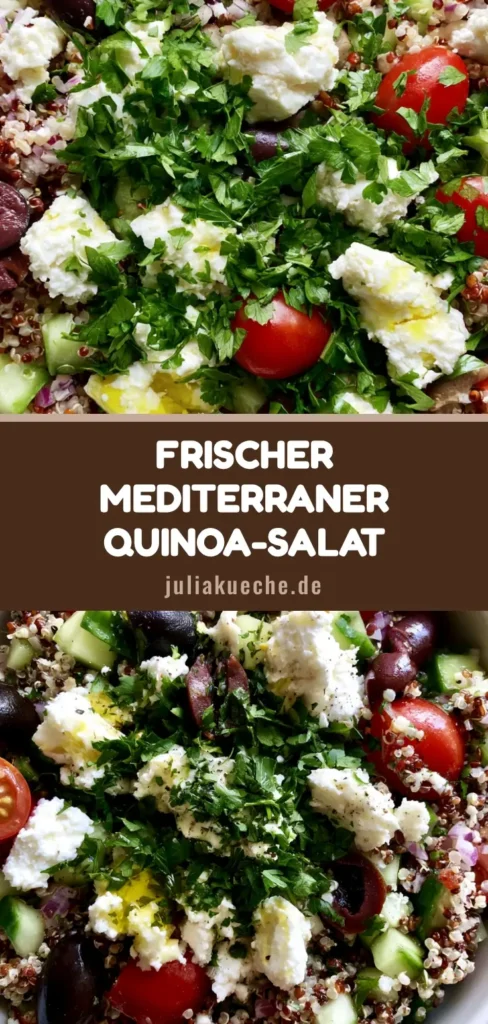 Ein farbenfroher Quinoa-Salat in einer weißen Schüssel mit Tomaten, Gurken, Oliven und viel Feta-Käse aus der Vogelperspektive.