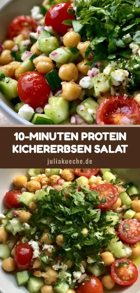Kichererbsensalat mit Feta und Gurke: Das ultimative 10-Minuten-Rezept 4 Ein frischer Kichererbsensalat mit Feta, Gurken und Tomaten in einer weißen Schüssel auf einem grauen Steinuntergrund.