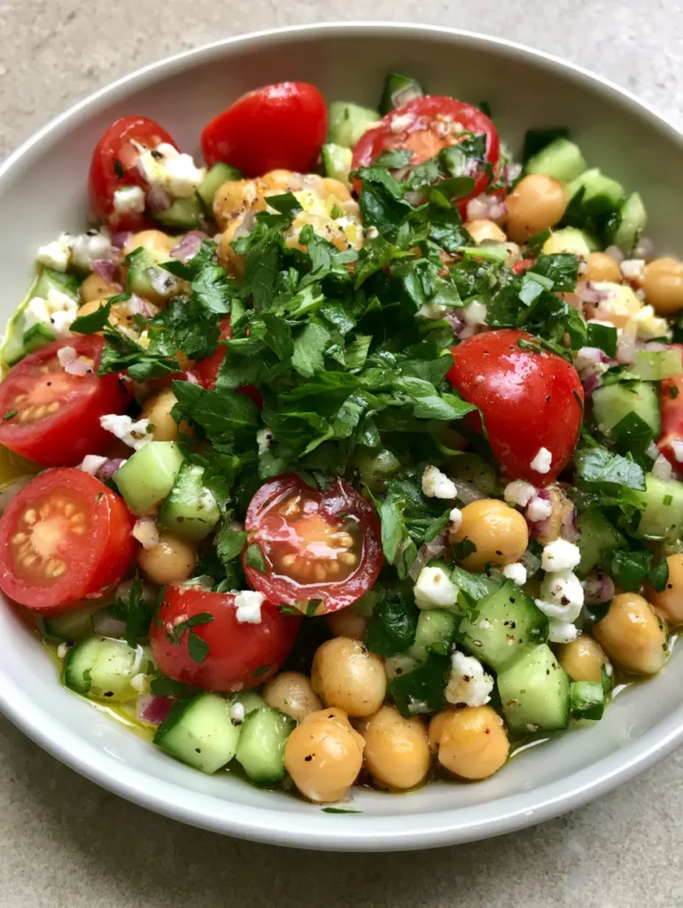 Nahaufnahme eines Kichererbsensalats mit Petersilie und Olivenöl-Dressing.