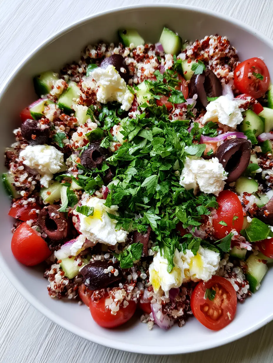 Nahaufnahme von mediterranem Quinoa-Salat mit rotem und weißem Quinoa, Kirschtomaten und Petersilie.