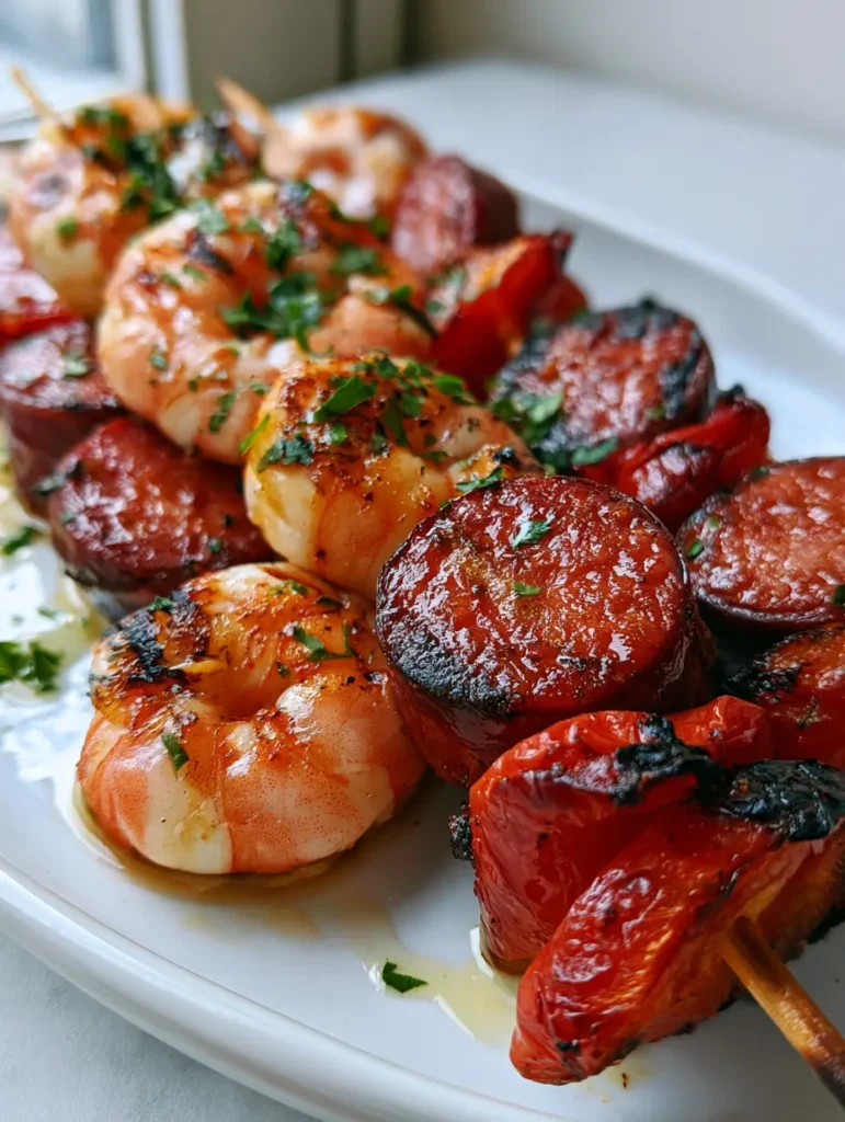 Gegrillte Meeresfrüchte-Spieße: Das ultimative Surf & Turf Grillrezept 2 Nahaufnahme von Gegrillte Meeresfrüchte-Spieße mit Röstaromen und frischer Petersilie.