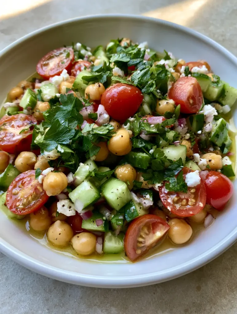 Kichererbsensalat mit Feta und Gurke: Das ultimative 10-Minuten-Rezept 1 Kichererbsensalat in einer flachen weißen Keramikschüssel im Tageslicht serviert.