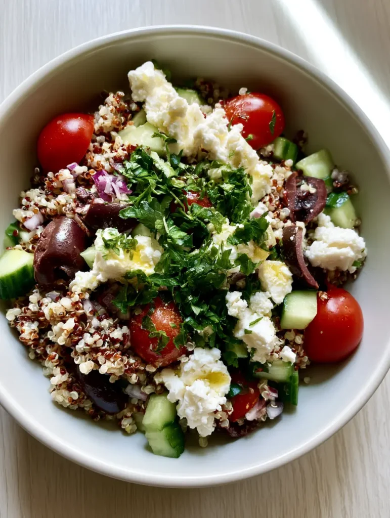Draufsicht auf eine Schüssel Quinoa-Salat mit Oliven, Feta und Gurken auf einem hellen Holzhintergrund.