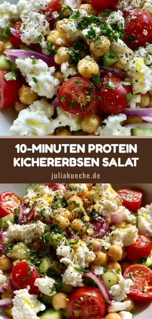 Kichererbsensalat mit Feta: Das ultimative 10-Minuten-Rezept 4 Ein farbenfroher Kichererbsensalat mit Feta, Gurken, Kirschtomaten und roten Zwiebeln in einer weißen Schüssel.