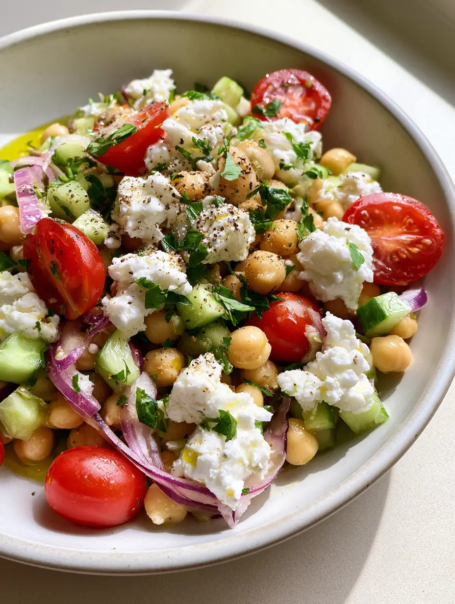 Kichererbsensalat mit Feta: Das ultimative 10-Minuten-Rezept 3 Nahaufnahme von Kichererbsensalat mit Feta und frischer Petersilie in hellem Tageslicht.