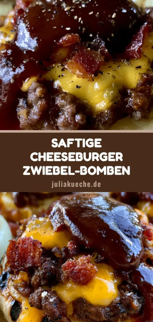 Zwiebelbomben: Das ultimative BBQ-Rezept mit saftigem Hackfleisch & Käse 3 Nahaufnahme von gegrillten Zwiebelbomben auf einem Teller mit glänzender BBQ-Sauce und geschmolzenem Käse.