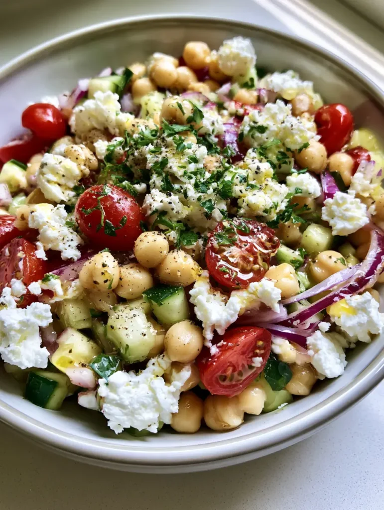 Kichererbsensalat mit Feta: Das ultimative 10-Minuten-Rezept 1 Zubereiteter Kichererbsensalat mit Feta, servierfertig in einer flachen Keramikschüssel.