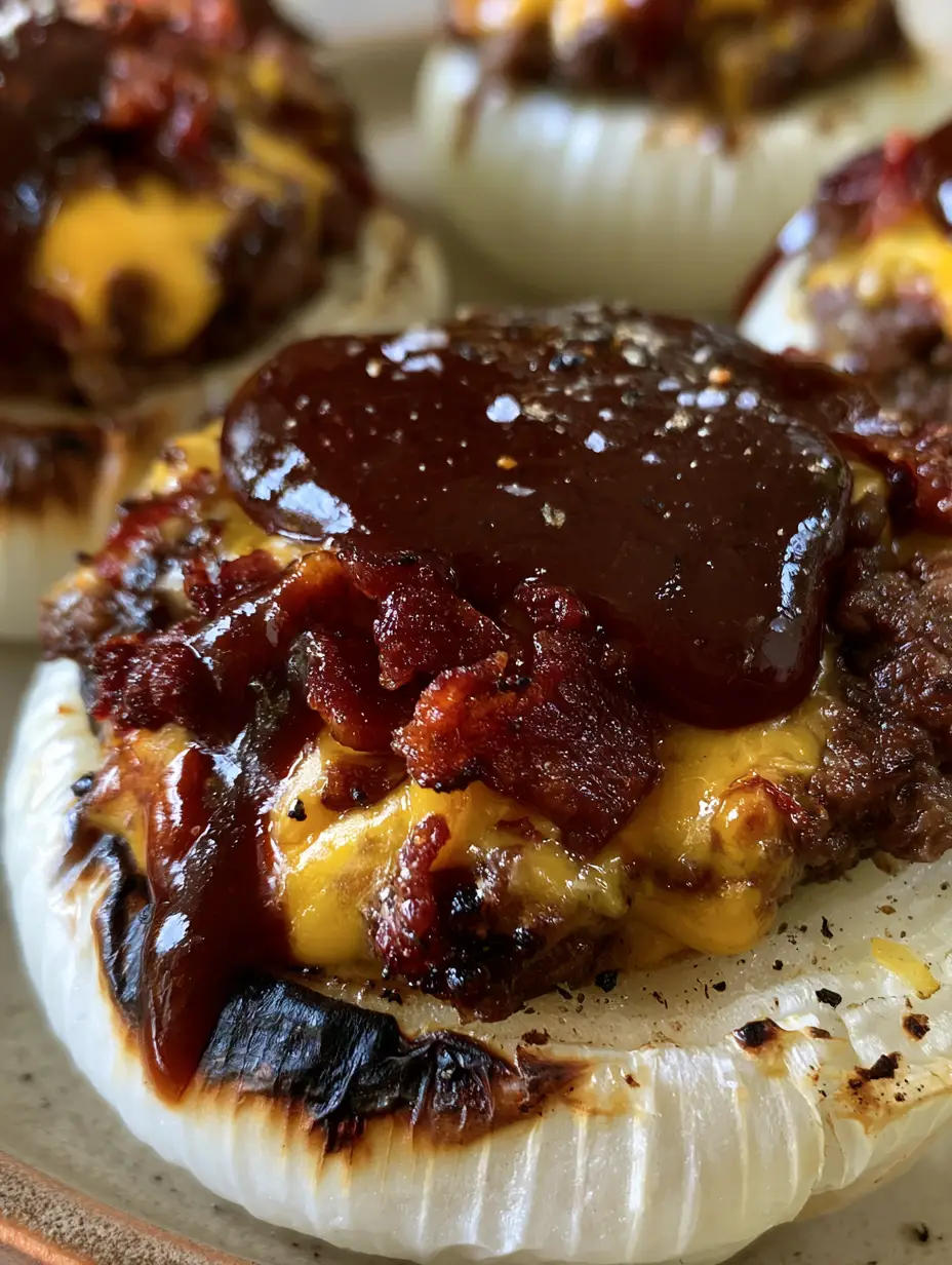 Zwiebelbomben: Das ultimative BBQ-Rezept mit saftigem Hackfleisch & Käse 4 Hausgemachte Zwiebelbomben mit Hackfleischfüllung und krossem Speck, fotografiert mit dem Smartphone.