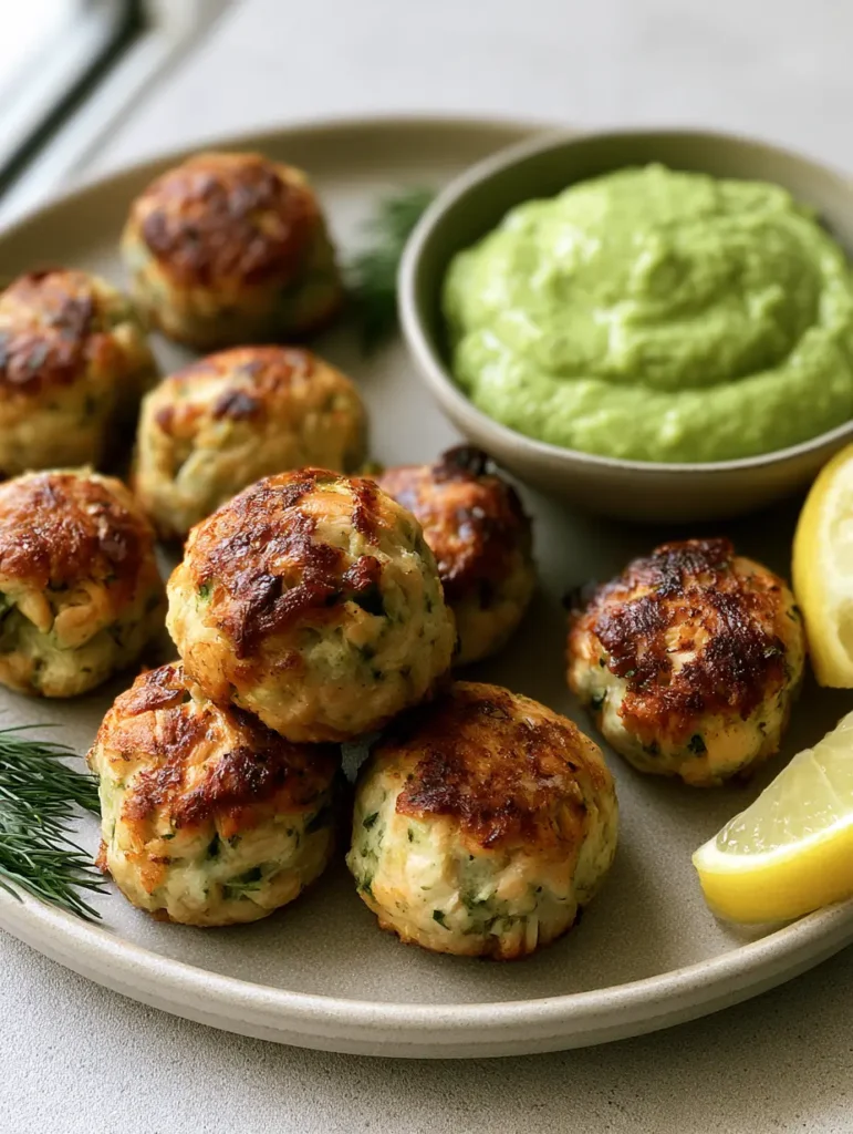 Lachs-Frikadellen aus dem Ofen mit cremiger Avocado-Sauce 1 Lachs-Frikadellen serviert auf einem Keramikteller mit Zitronenscheibe und Kräutern.