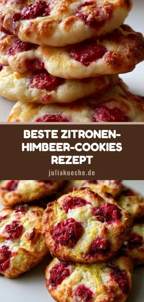 Zitronen-Himbeer-Cookies: Das ultimative Rezept für chewy Sommer-Kekse 3 Ein Stapel dicker Zitronen-Himbeer-Cookies mit goldenen Rändern und saftigen Himbeerstücken auf hellem Hintergrund.