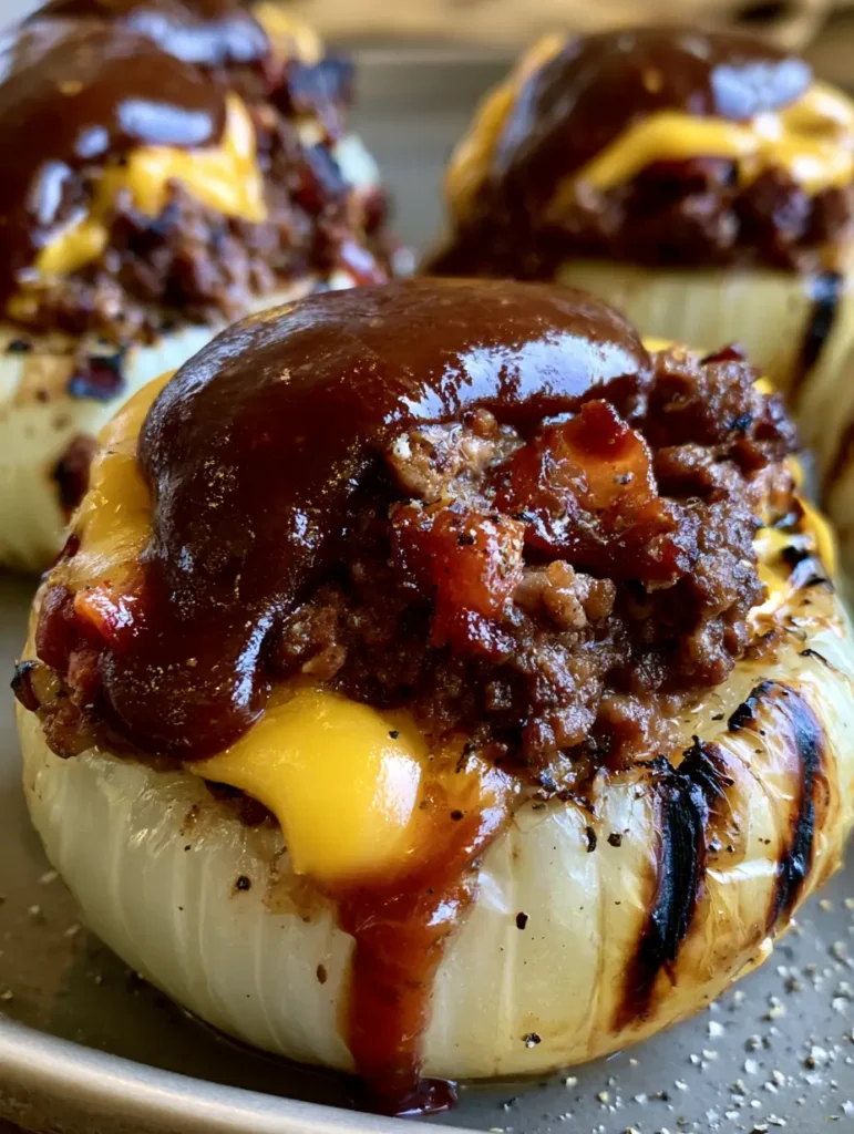 Zwiebelbomben: Das ultimative BBQ-Rezept mit saftigem Hackfleisch & Käse 1 Draufsicht auf fertig gegrillte Zwiebelbomben mit dunkler BBQ-Glasur und Pfeffer.