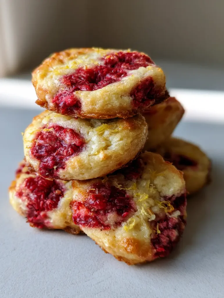 Zitronen-Himbeer-Cookies: Das ultimative Rezept für chewy Sommer-Kekse 2 Nahaufnahme von frisch gebackenen Zitronen-Himbeer-Cookies mit feinem Zitronenabrieb und Zuckerüberzug.